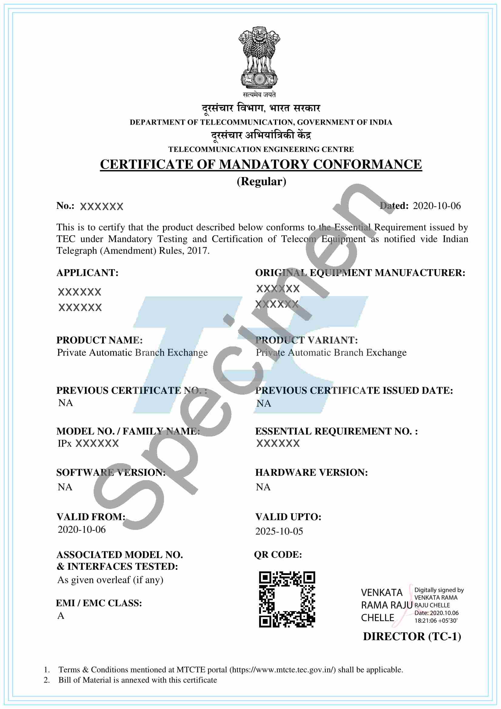 Format of TEC Certificate
